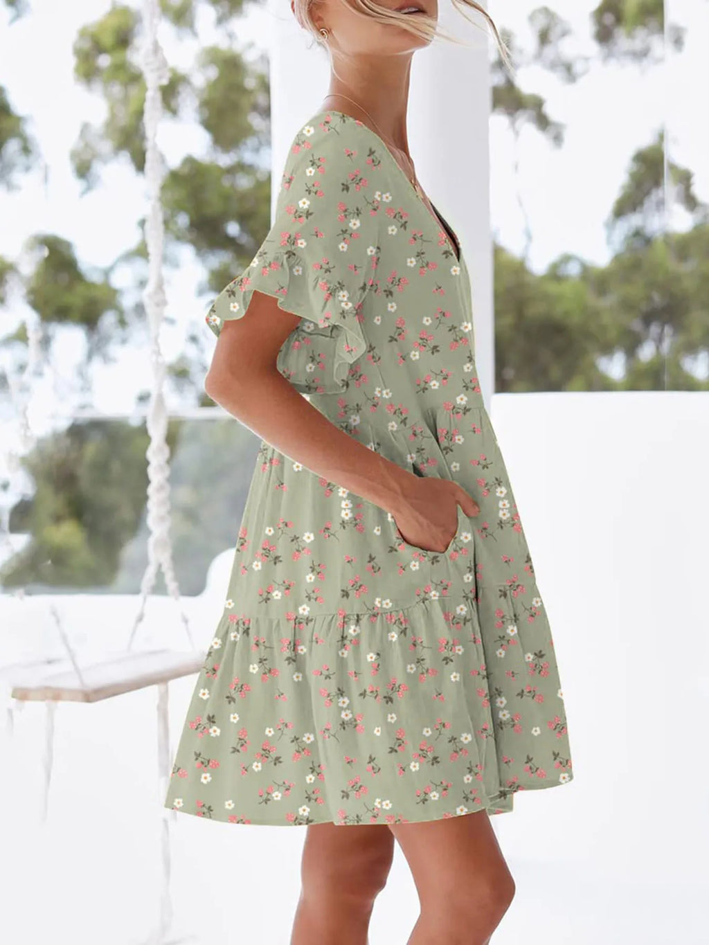 Polka Dot V-Neck Short Sleeve Mini Dress