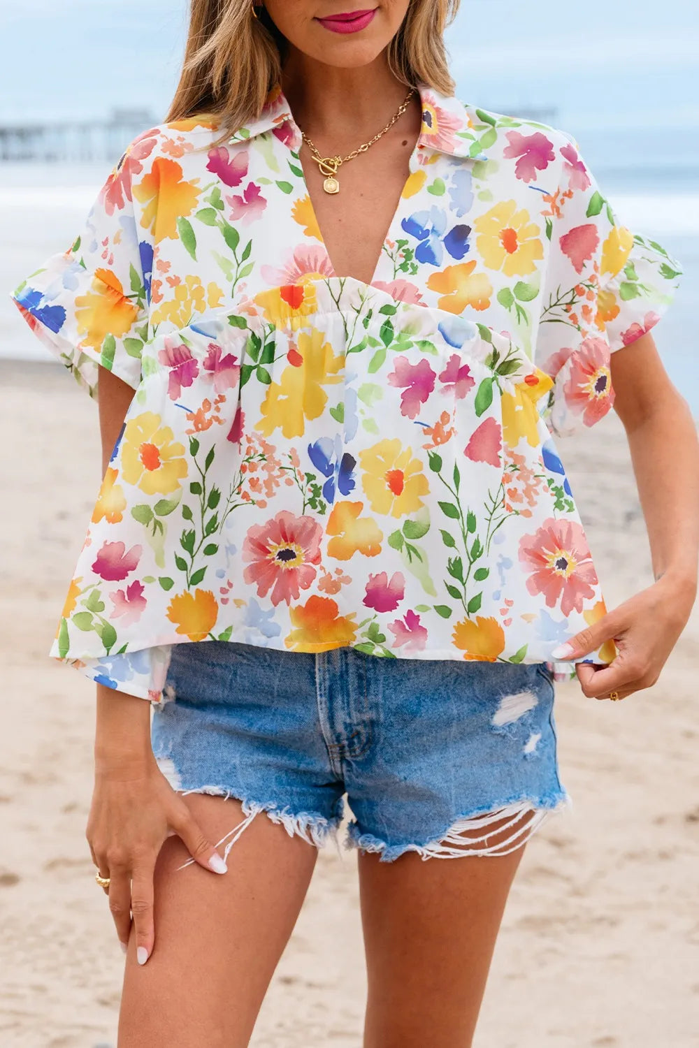 Floral Boxy Fit Ruffled Short Sleeve Blouse