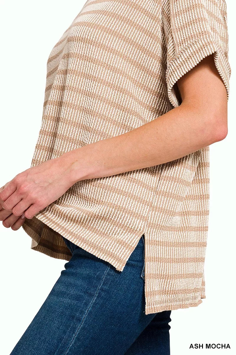 Zenana Raised Rib Striped Exposed Seam Top