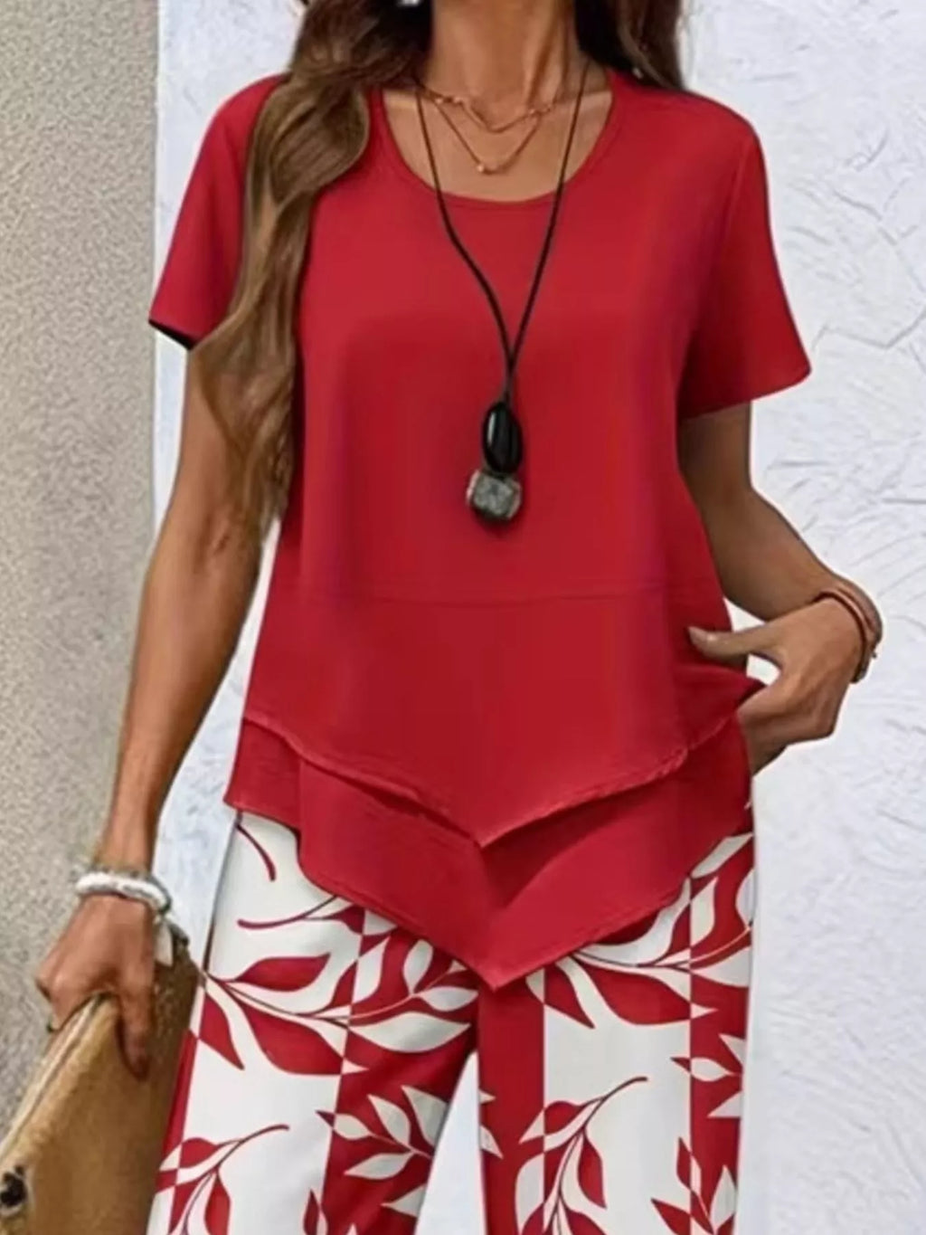 Layered Top and Leaf Print Cropped Pants Set