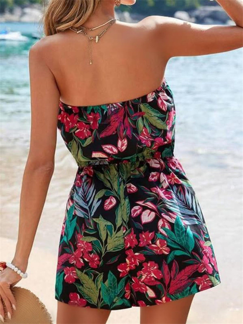 Floral Print Strapless Elastic Waist Romper