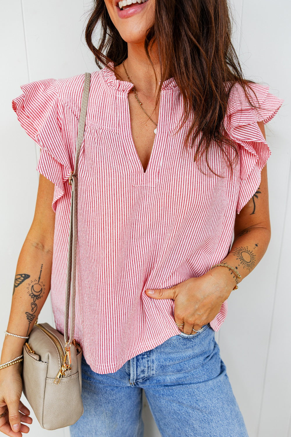Stripe Frilly Split Neck Double Ruffled Short Sleeve Blouse