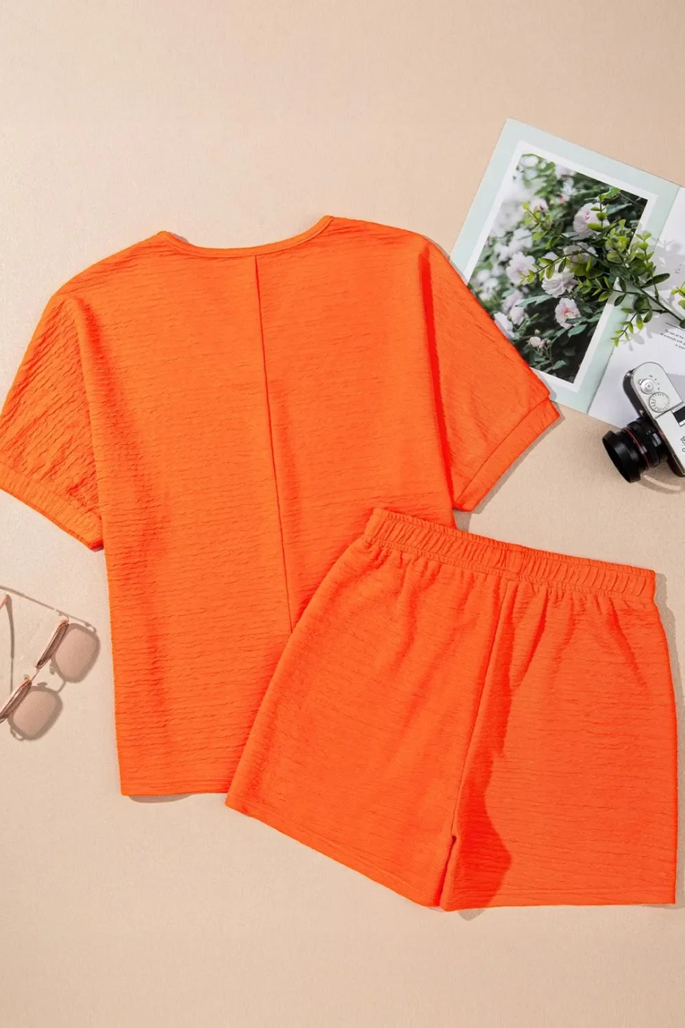 Textured V Neck T Shirt and Shorts Set