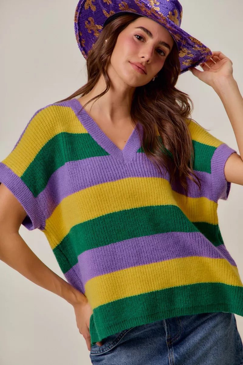 SO ME Mardi Gras Loose Fit V Neck Stripe Sweater Top