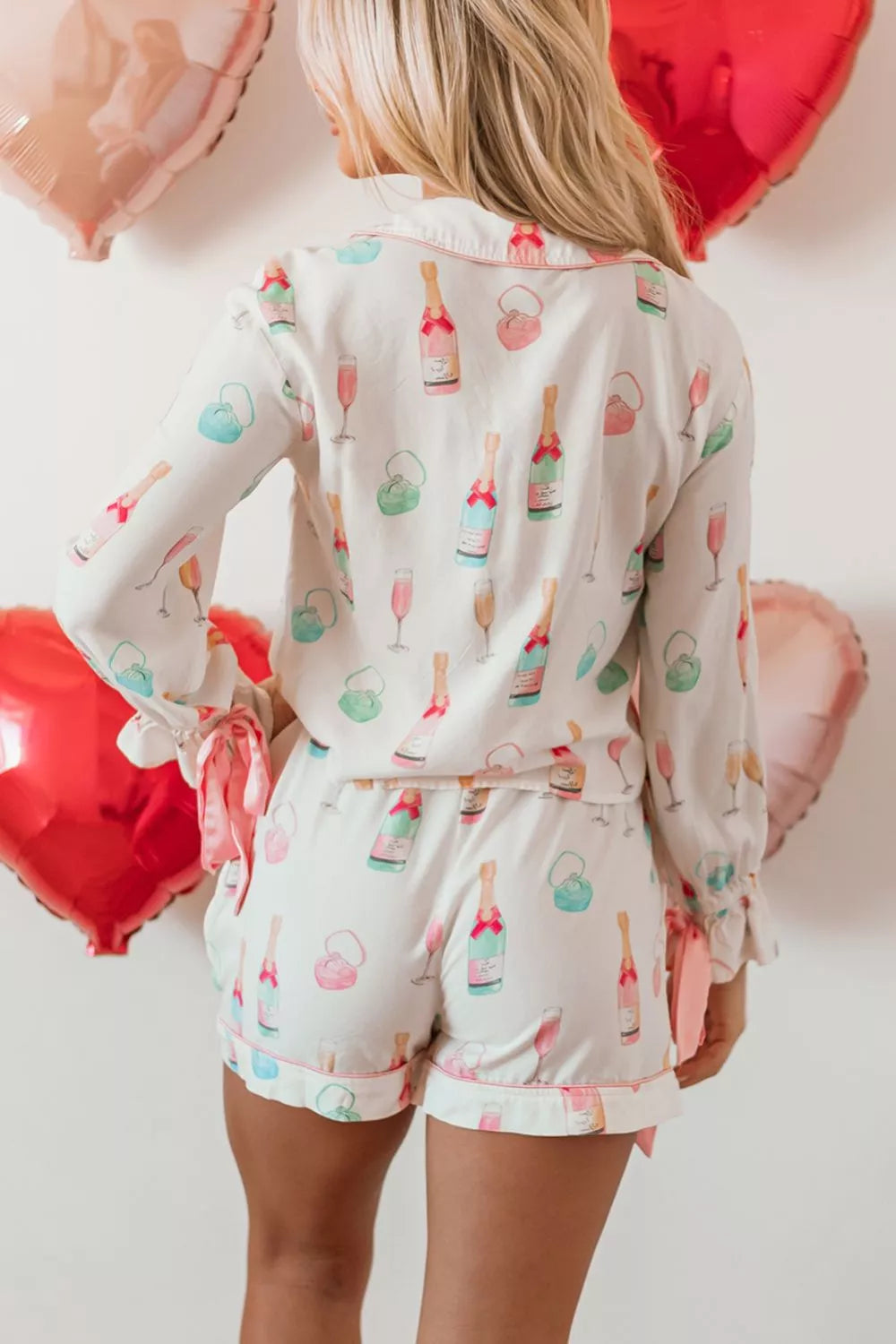 Bow Printed Collared Neck Top and Drawstring Shorts Lounge Set