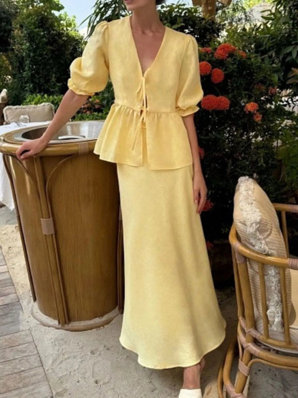 Tie Front Peplum Top and Skirt Set