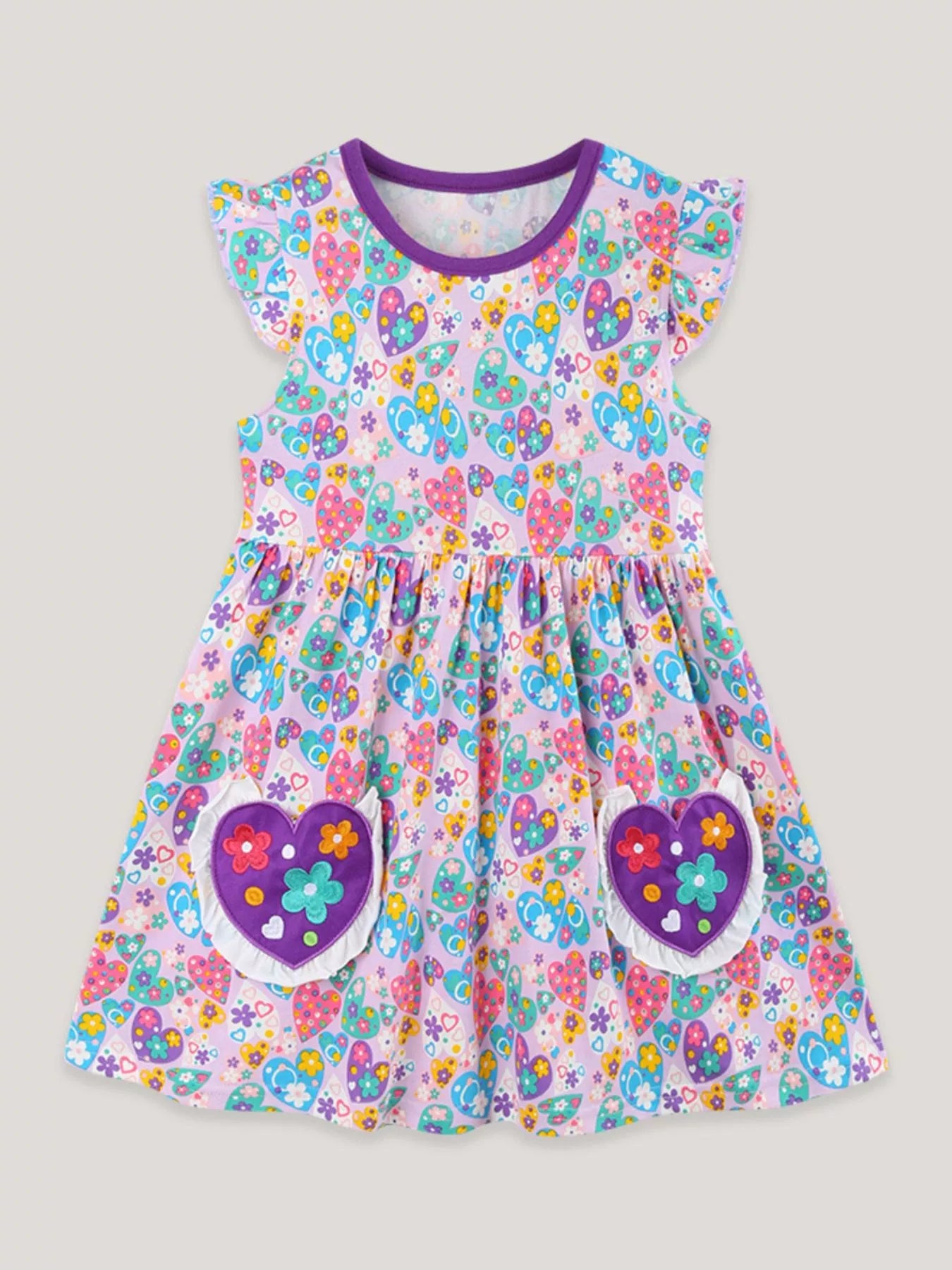 Children's Butterfly & Heart Print Pocket Ruffle Sleeve Dress