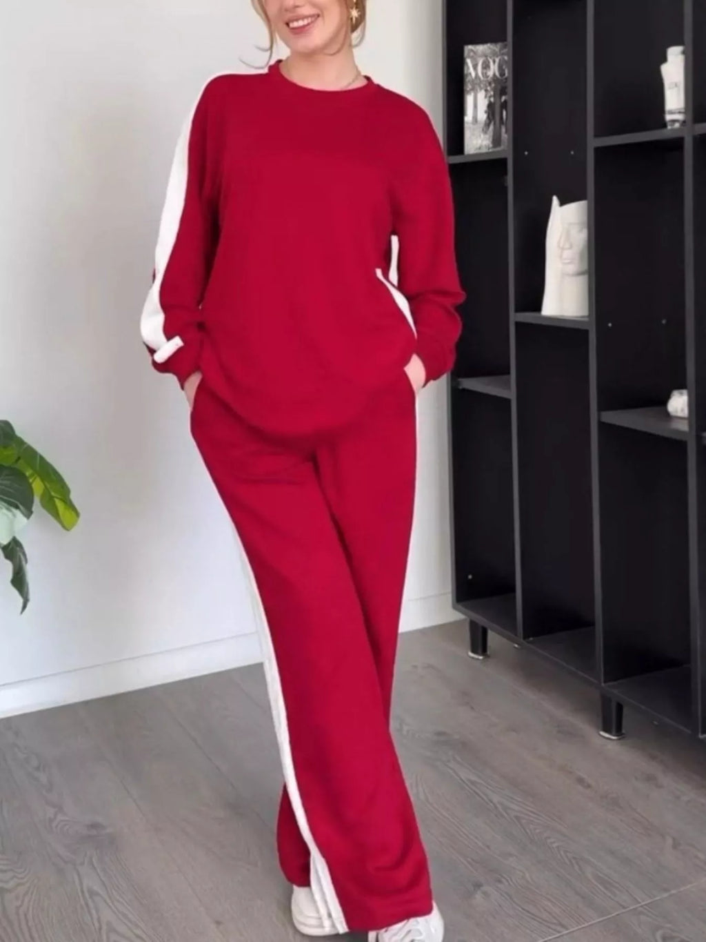 Full Size Contrast Round Neck Top and Pants Set Plus Size