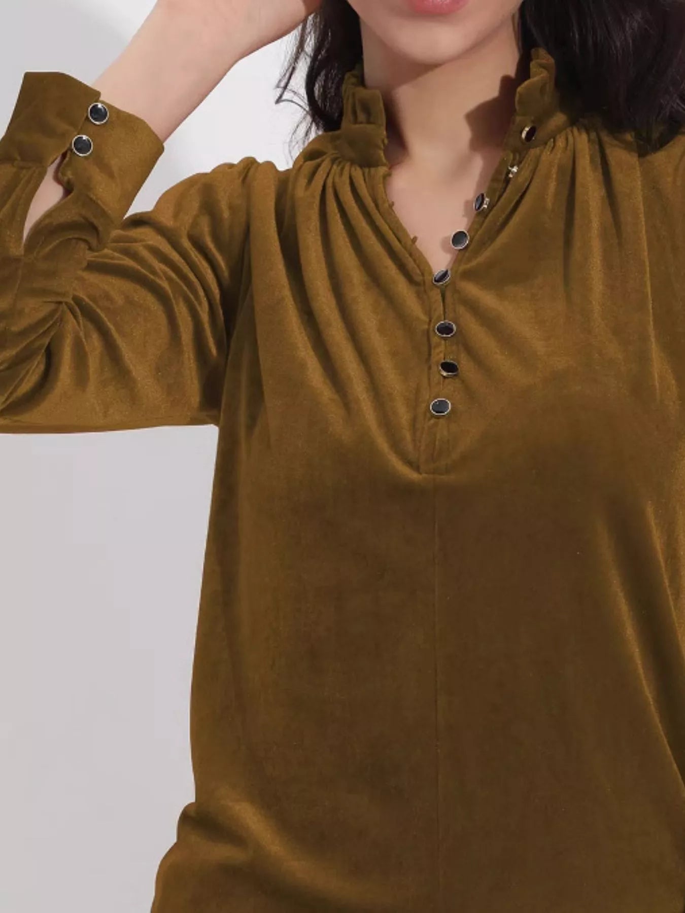 Elegant Velvet Ruffle Neck Blouse