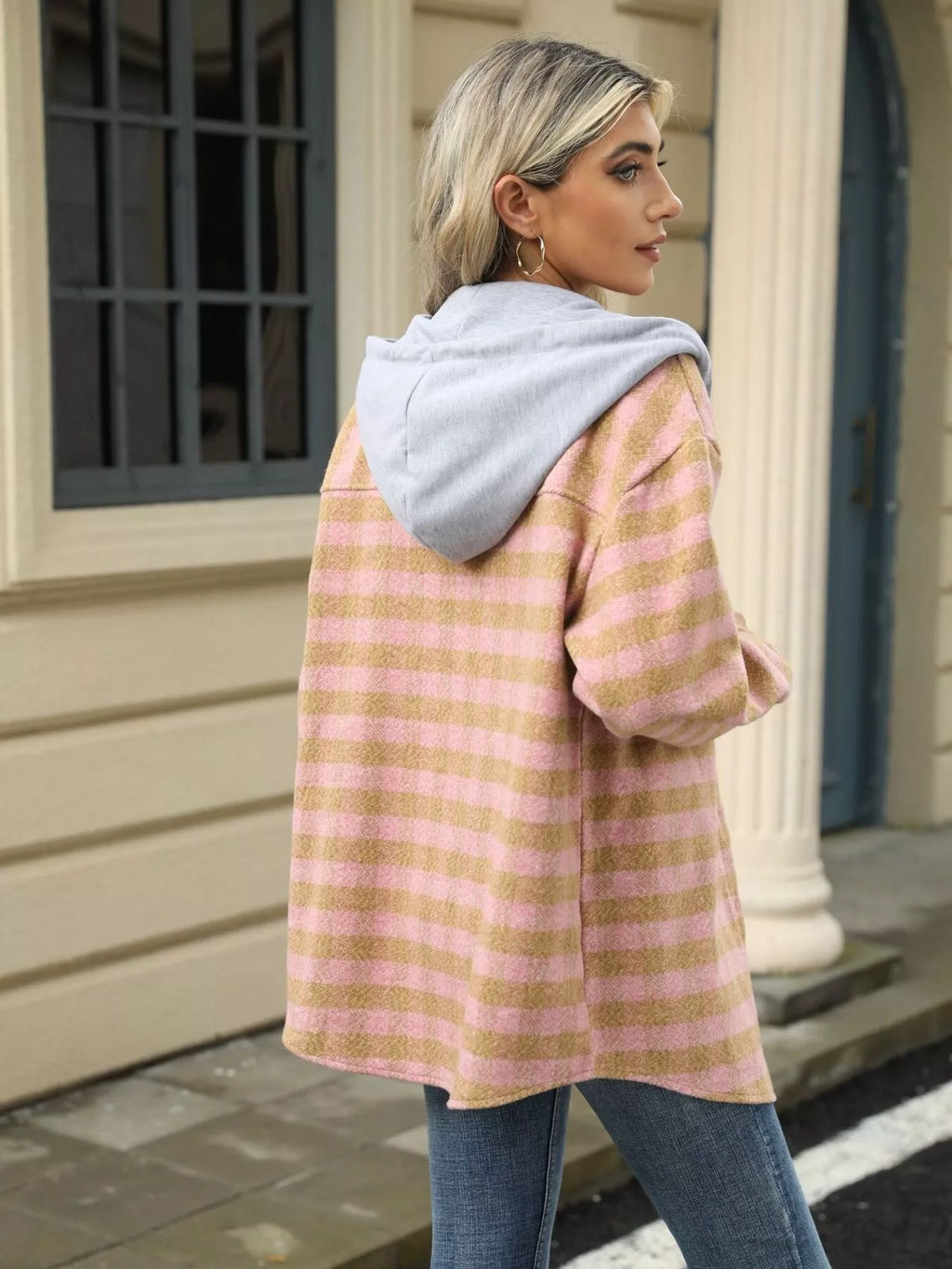 Plaid Button Up Long Sleeve Drawstring Hooded Jacket