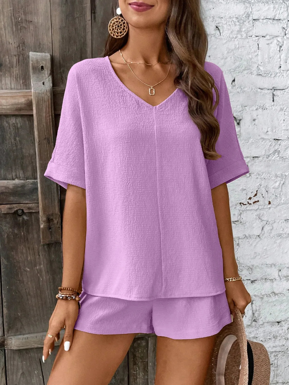 V-Neck Half Sleeve Top and Shorts Set