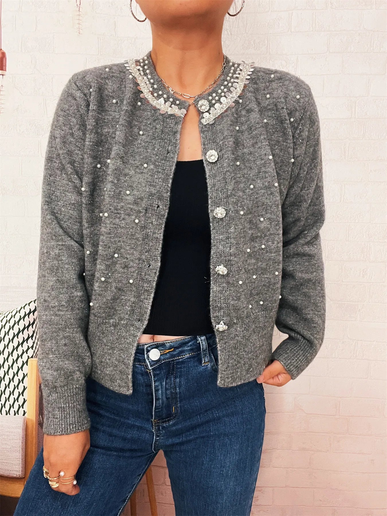 Pearl Detail Button-Front Cardigan