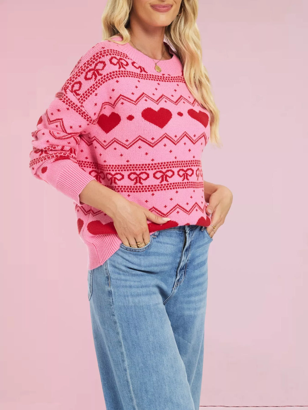 Heart & Bow Pattern Round Neck Sweater
