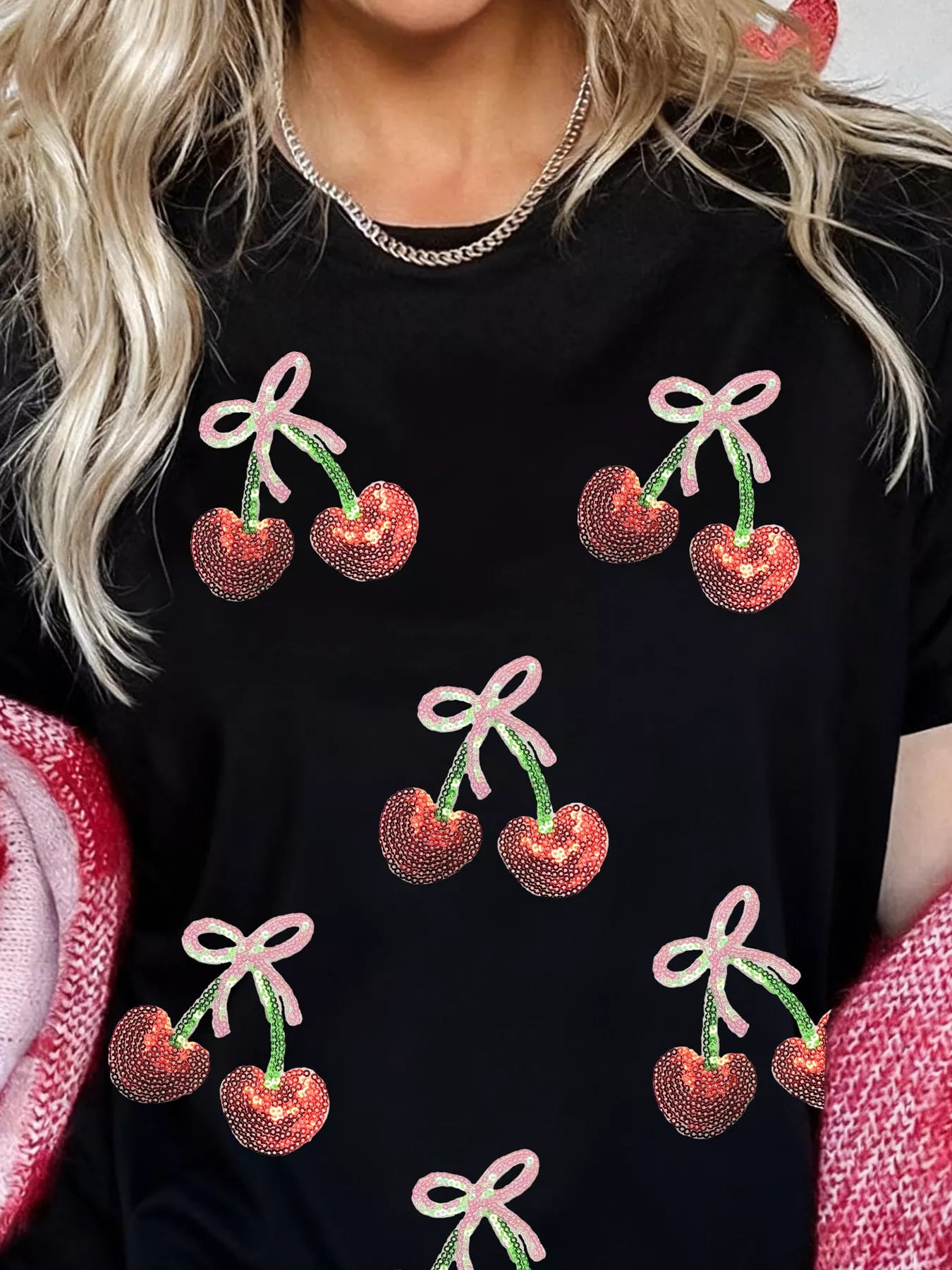 Full Size Sequin Bow Cheery Patched Valentines Tee Plus Size