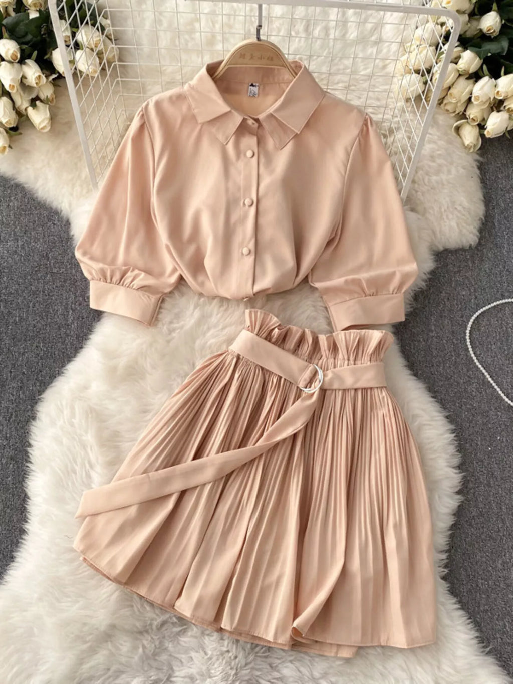 Puff Sleeve Shirt and Pleated Skirt Set