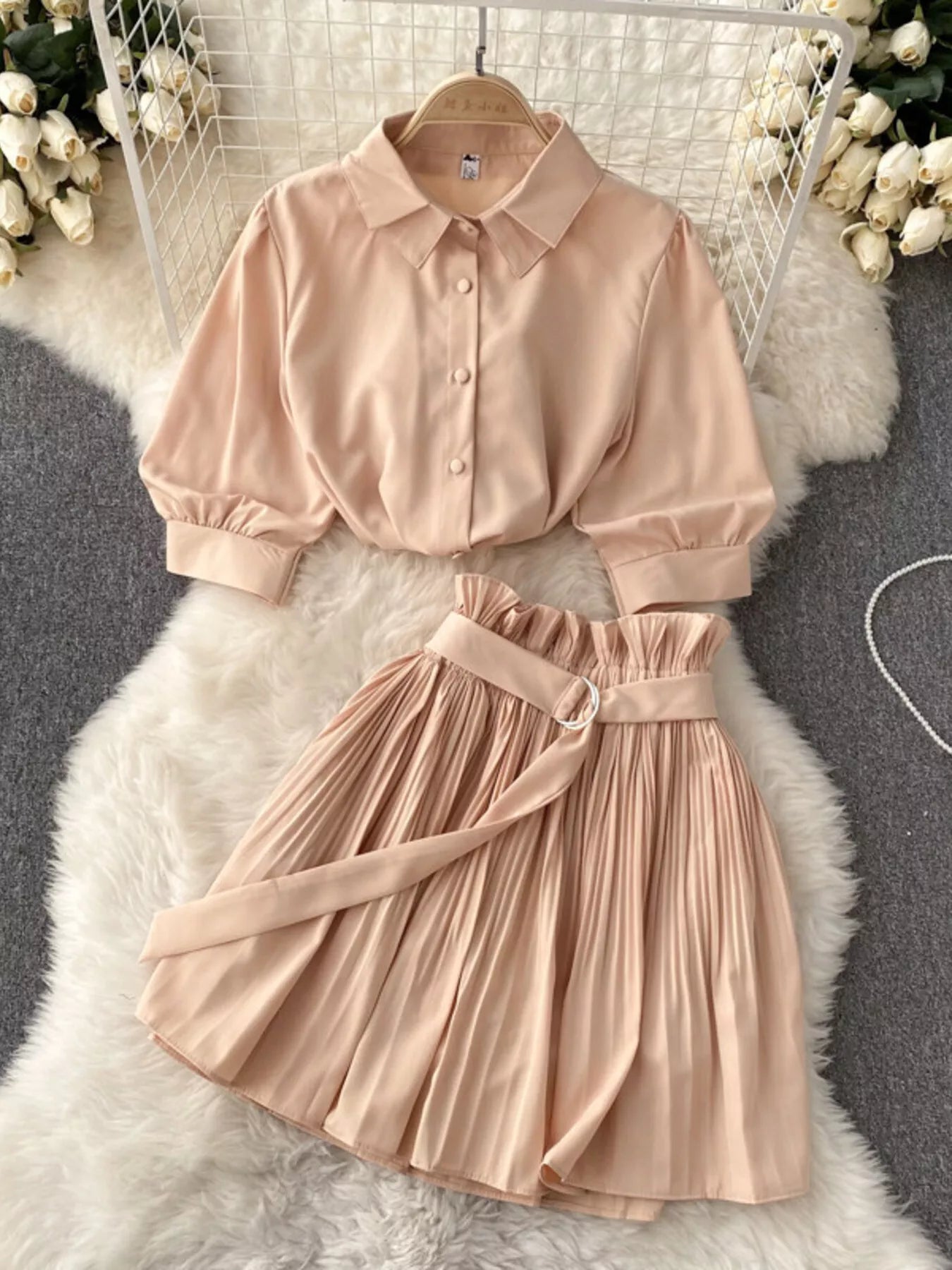 Puff Sleeve Shirt and Pleated Skirt Set