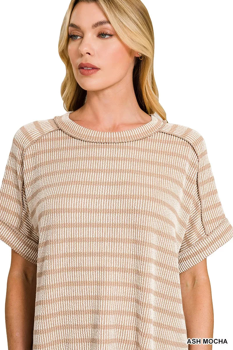 Zenana Raised Rib Striped Exposed Seam Top