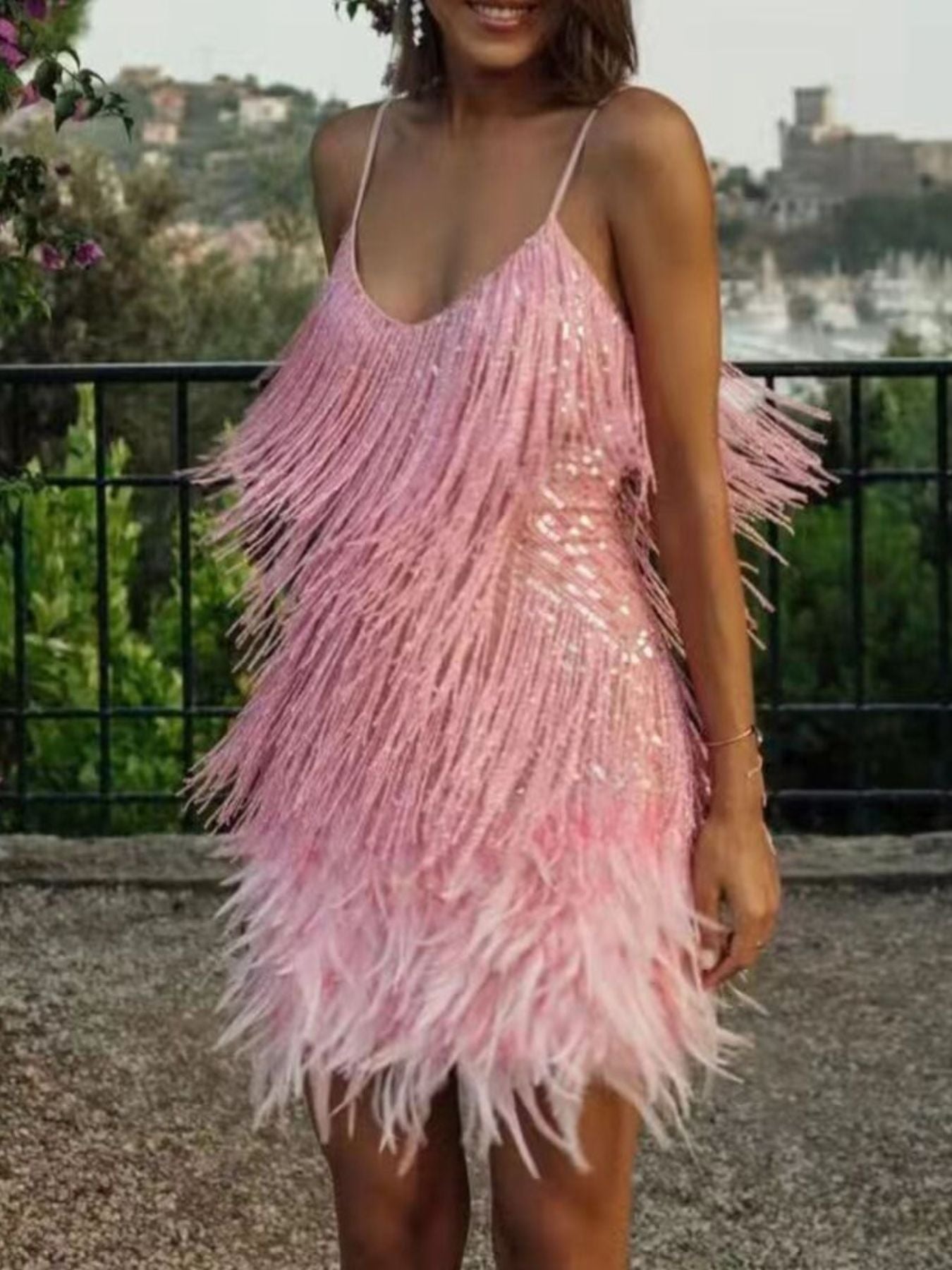 Full Size Sequin Fringe V-Neck Mini Dress Plus Size