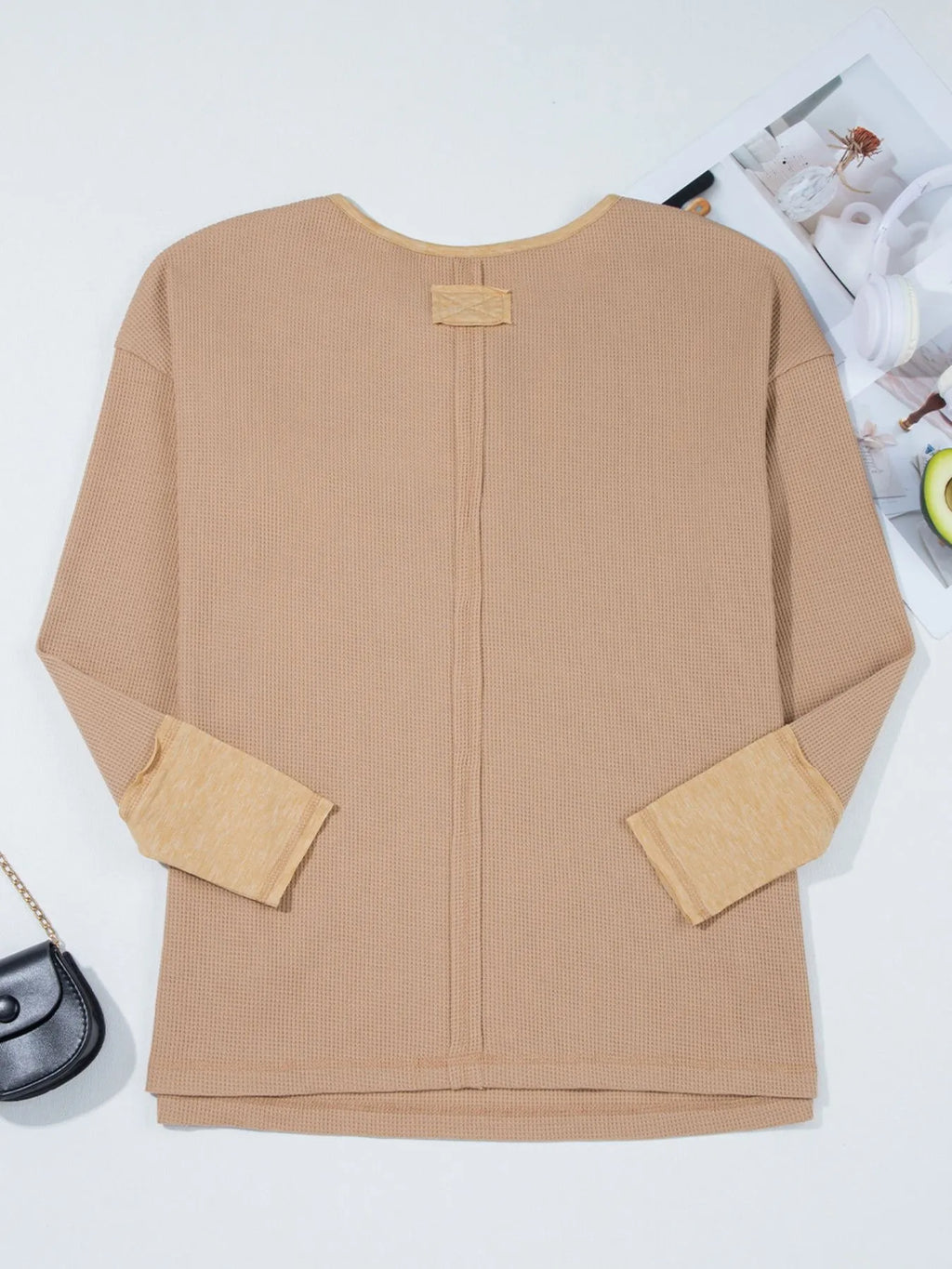 Waffle Textured Tunic Henley Top with Slits