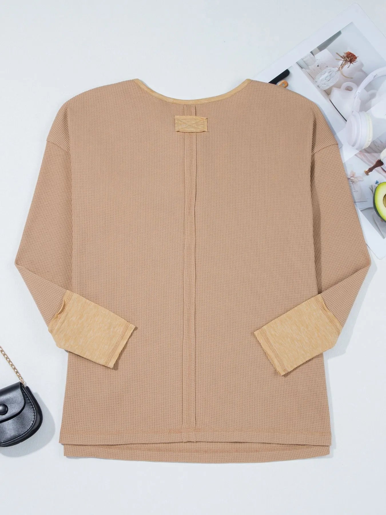 Waffle Textured Tunic Henley Top with Slits