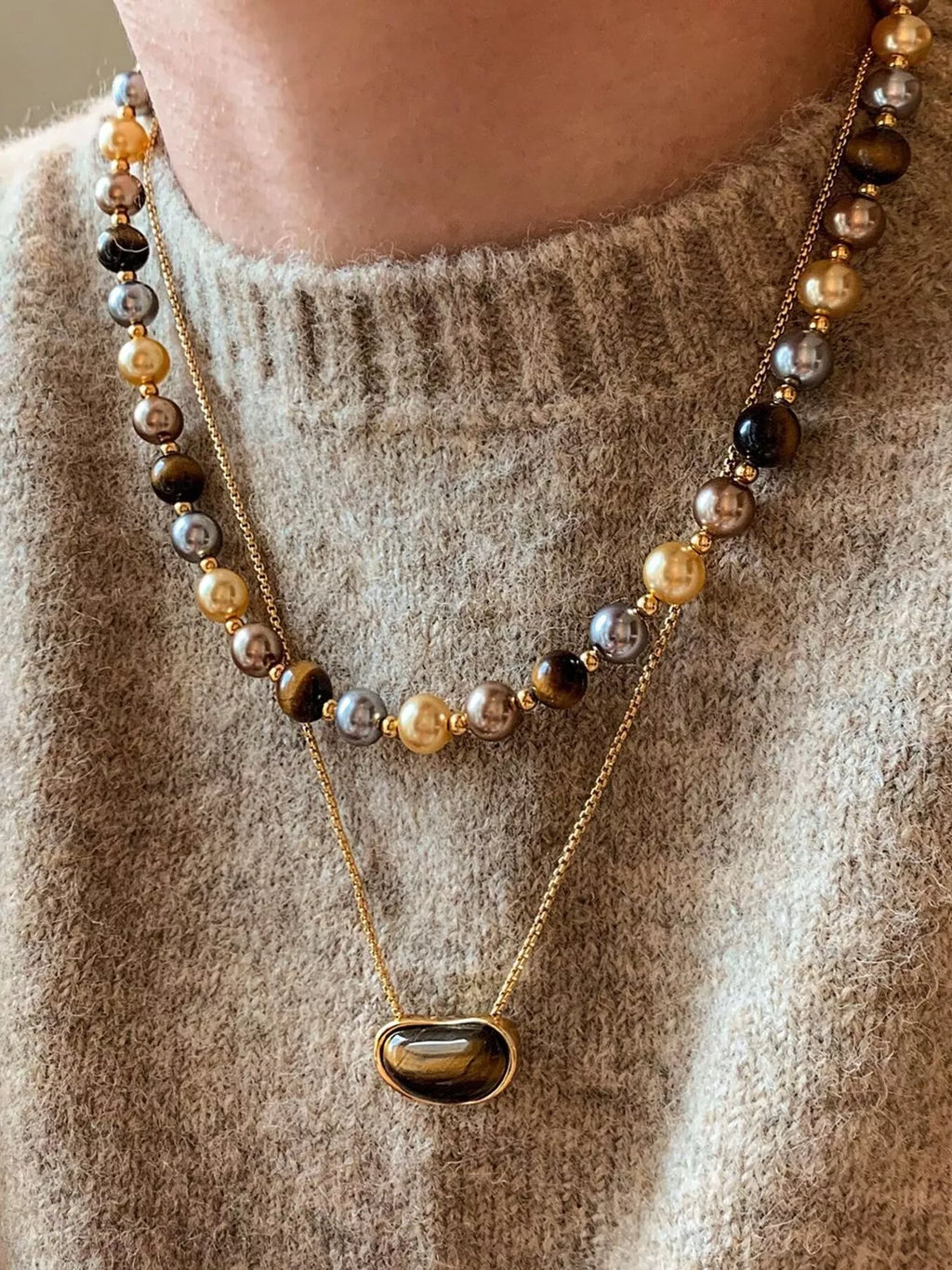 Tiger Eye & Pearl Beaded Necklace