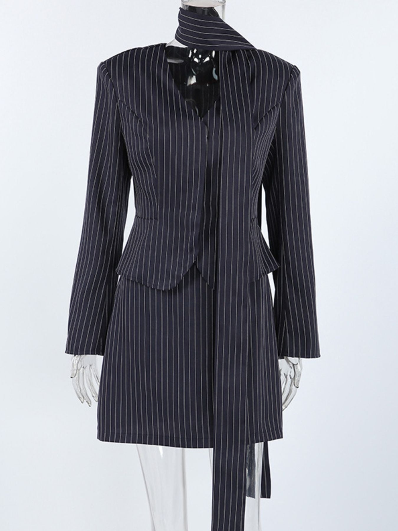 Striped Blazer & Mini Skirt Set with Neck Tie