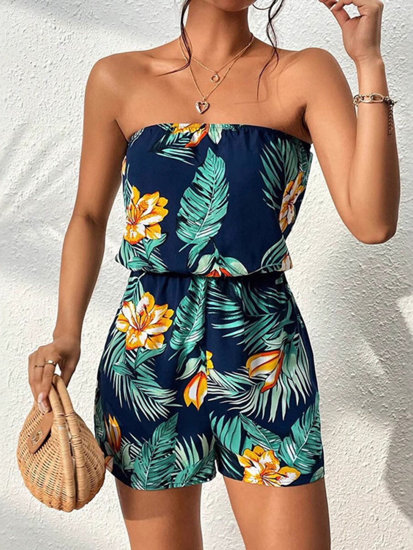 Tropical Print Strapless Elastic Waist Romper