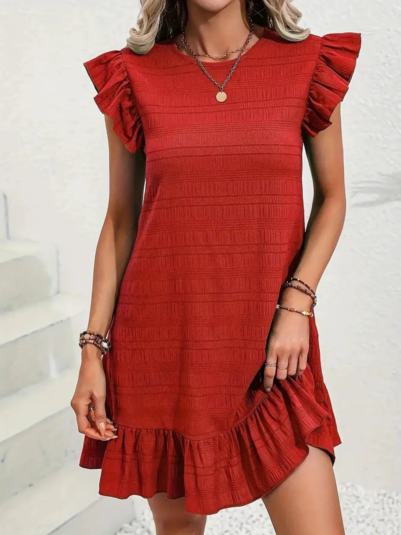 Full Size Ruffled Flutter Sleeve Textured Mini Dress Plus Size