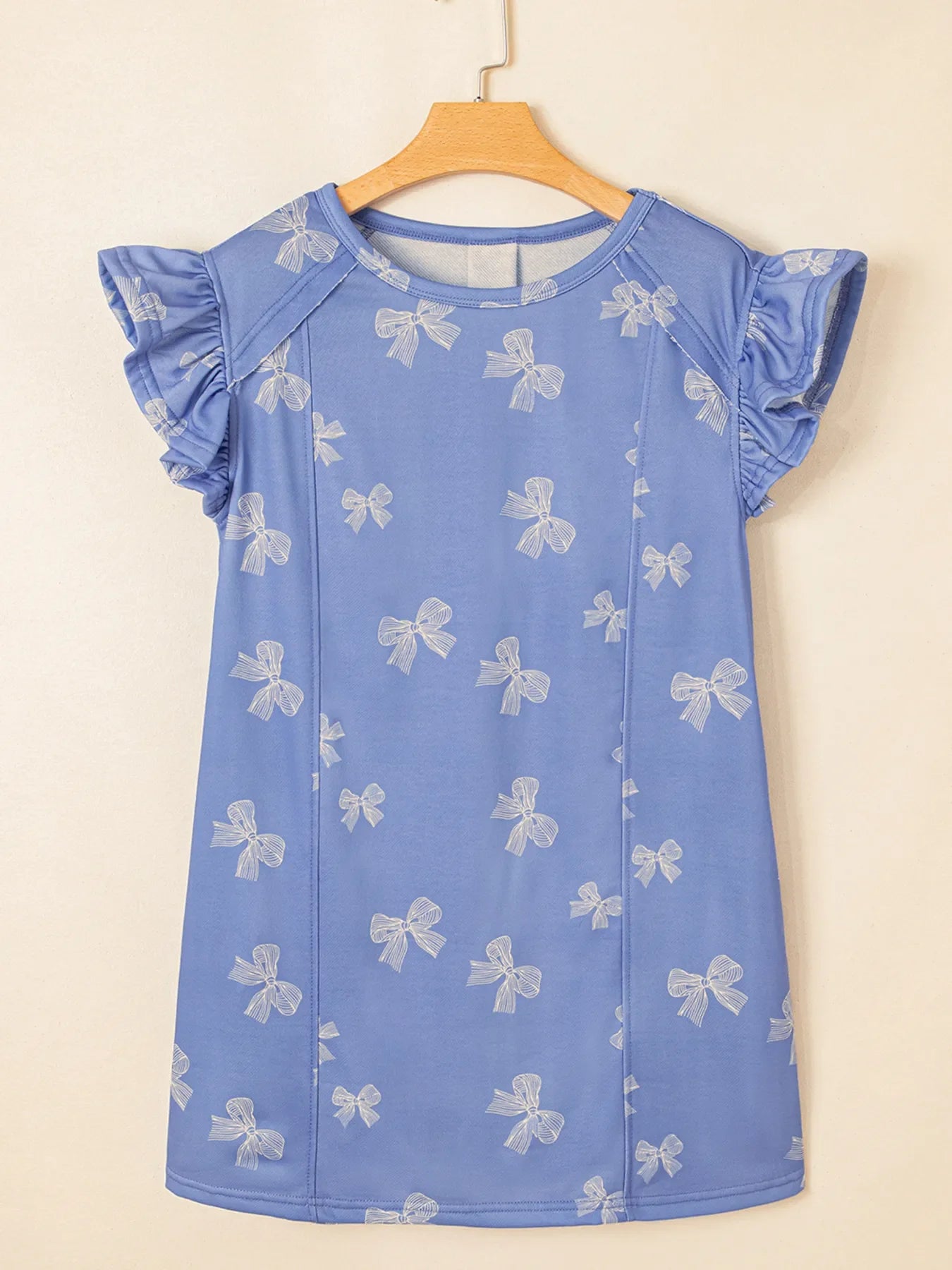 Bow Knot Print Crewneck Ruffled Sleeve Shift Mini Dress
