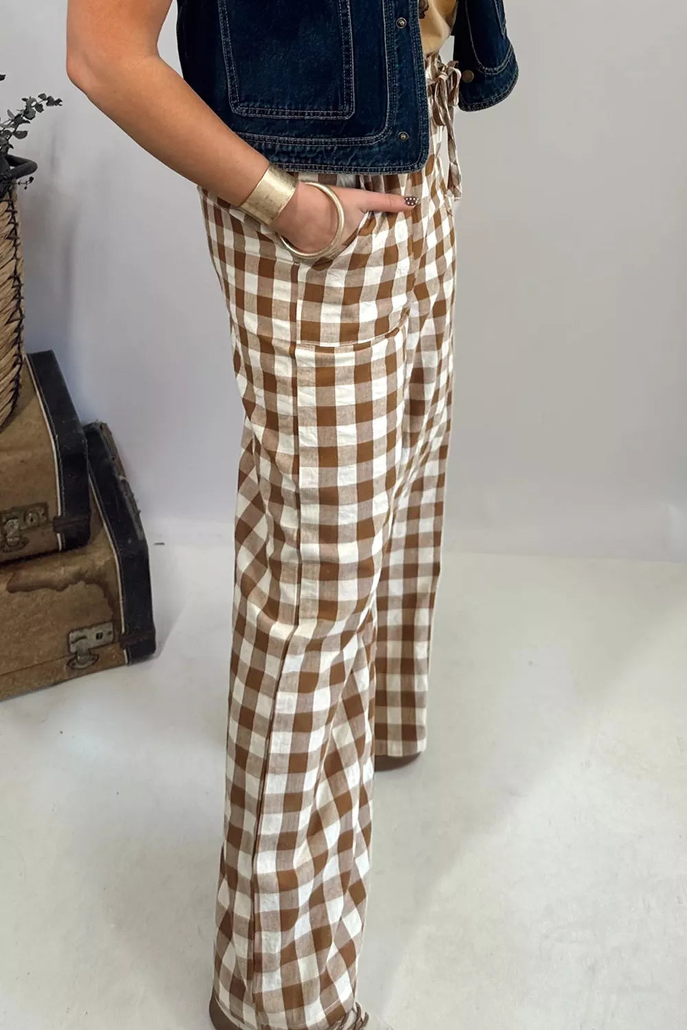 Gingham Plaid Tie Elastic Waist Shift Pants