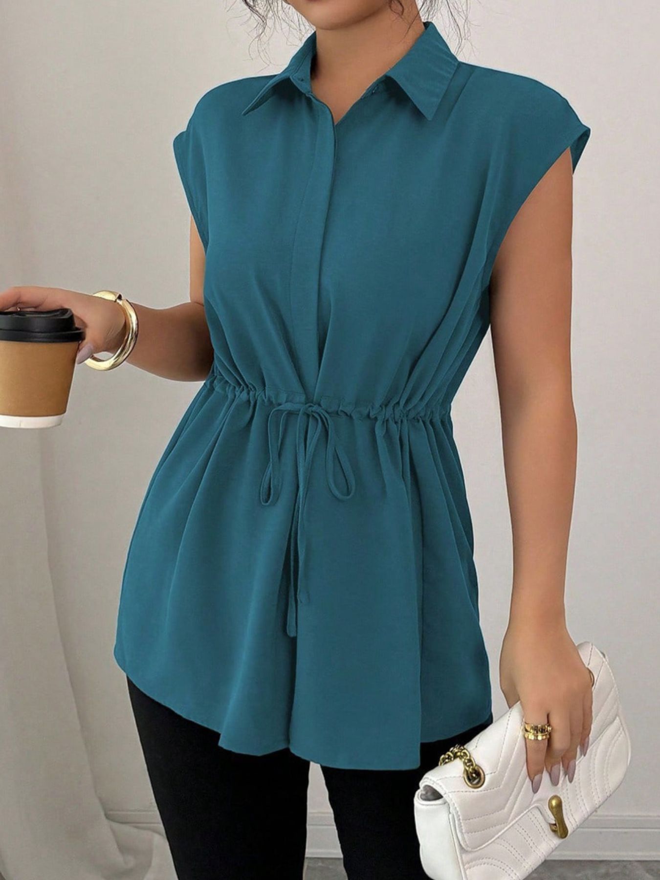 Drawstring Waist Cap Sleeve Shirt