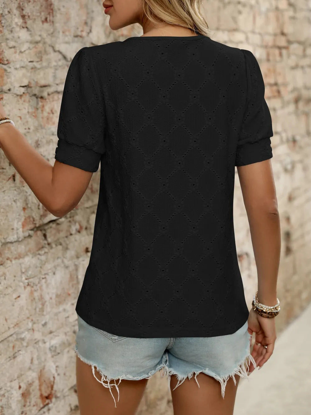 Eyelet Round Neck Short Sleeve Top