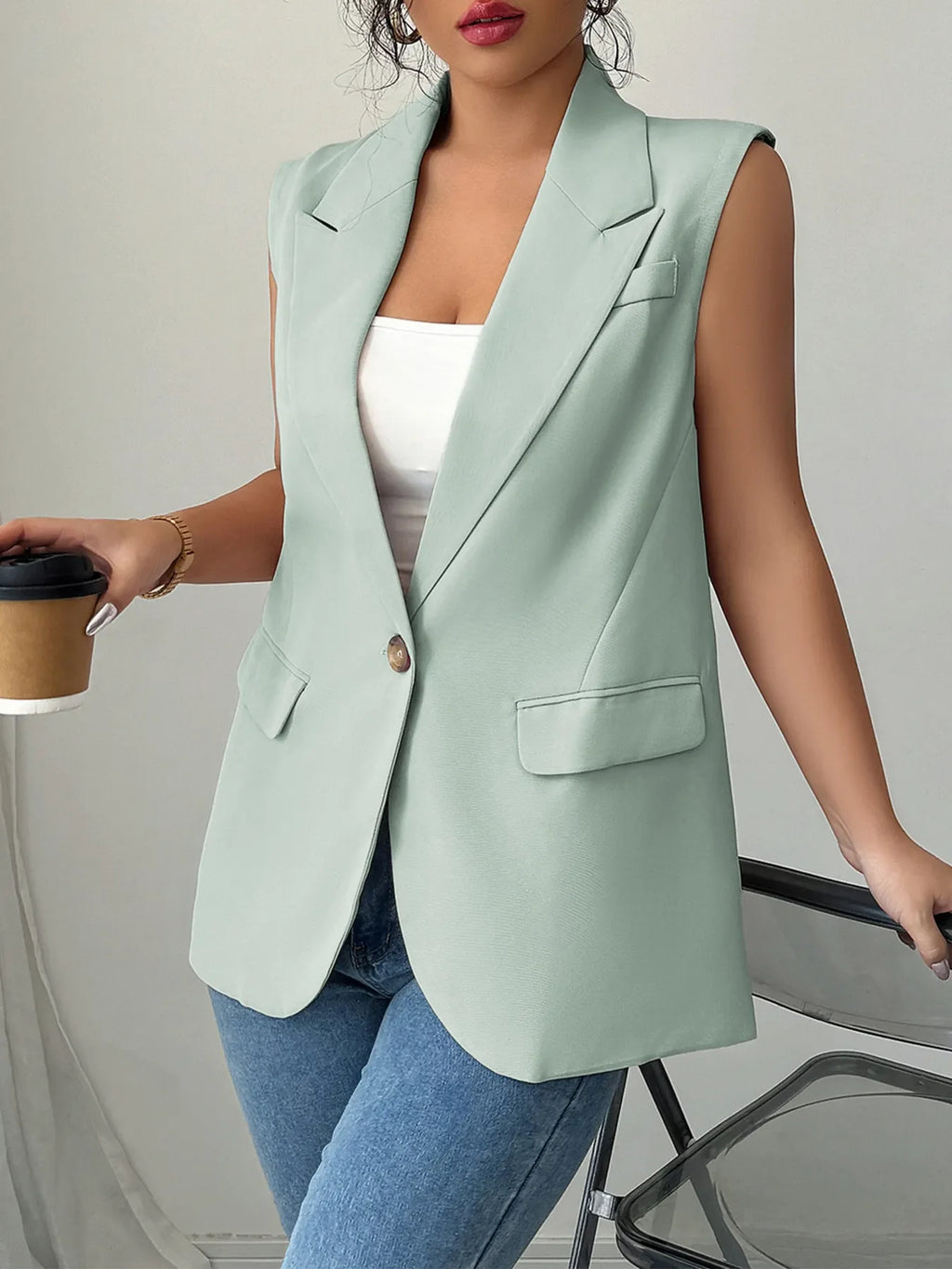 One Button V-Neck Blazer Vest Coat
