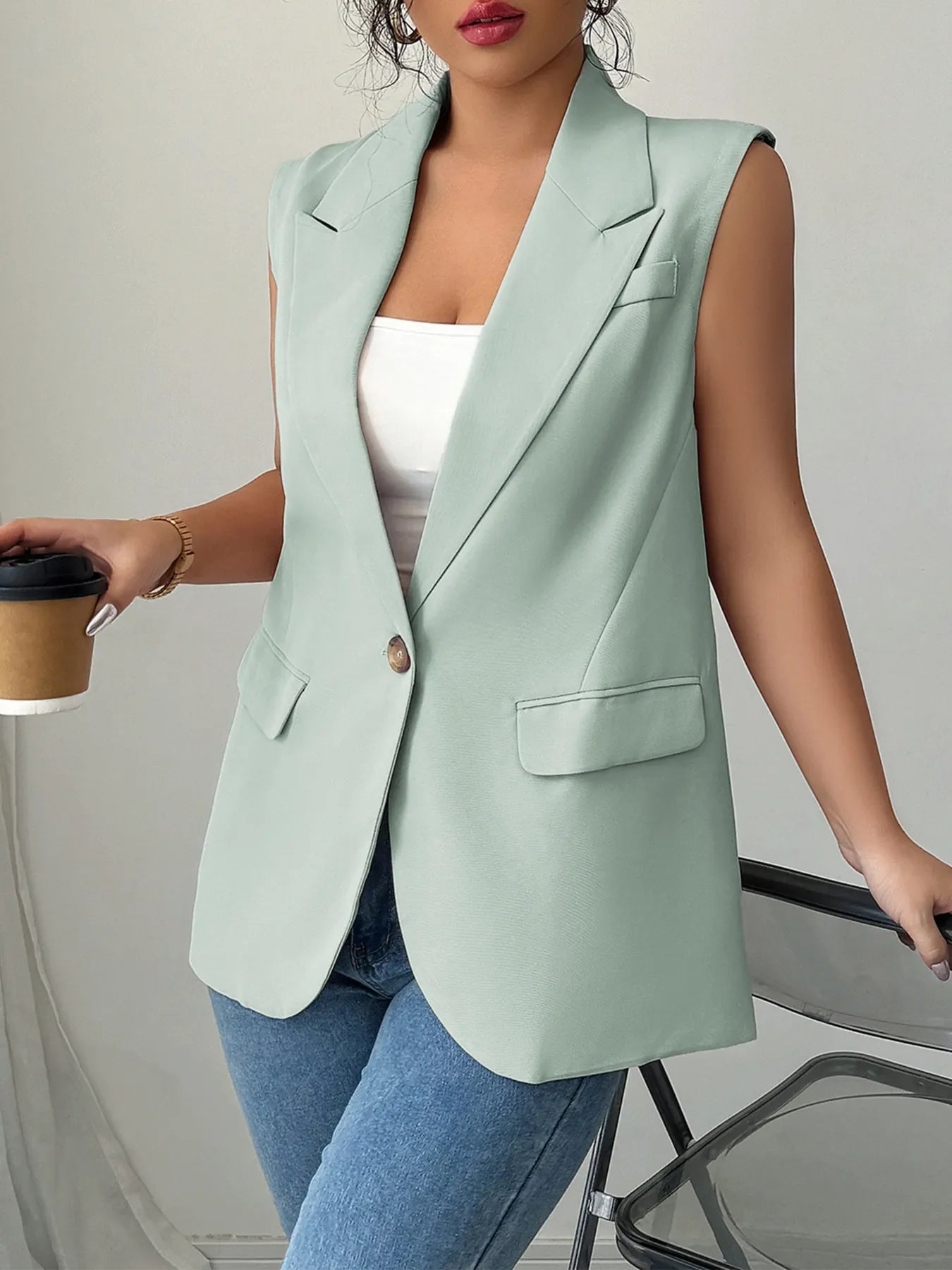 One Button V-Neck Blazer Vest Coat
