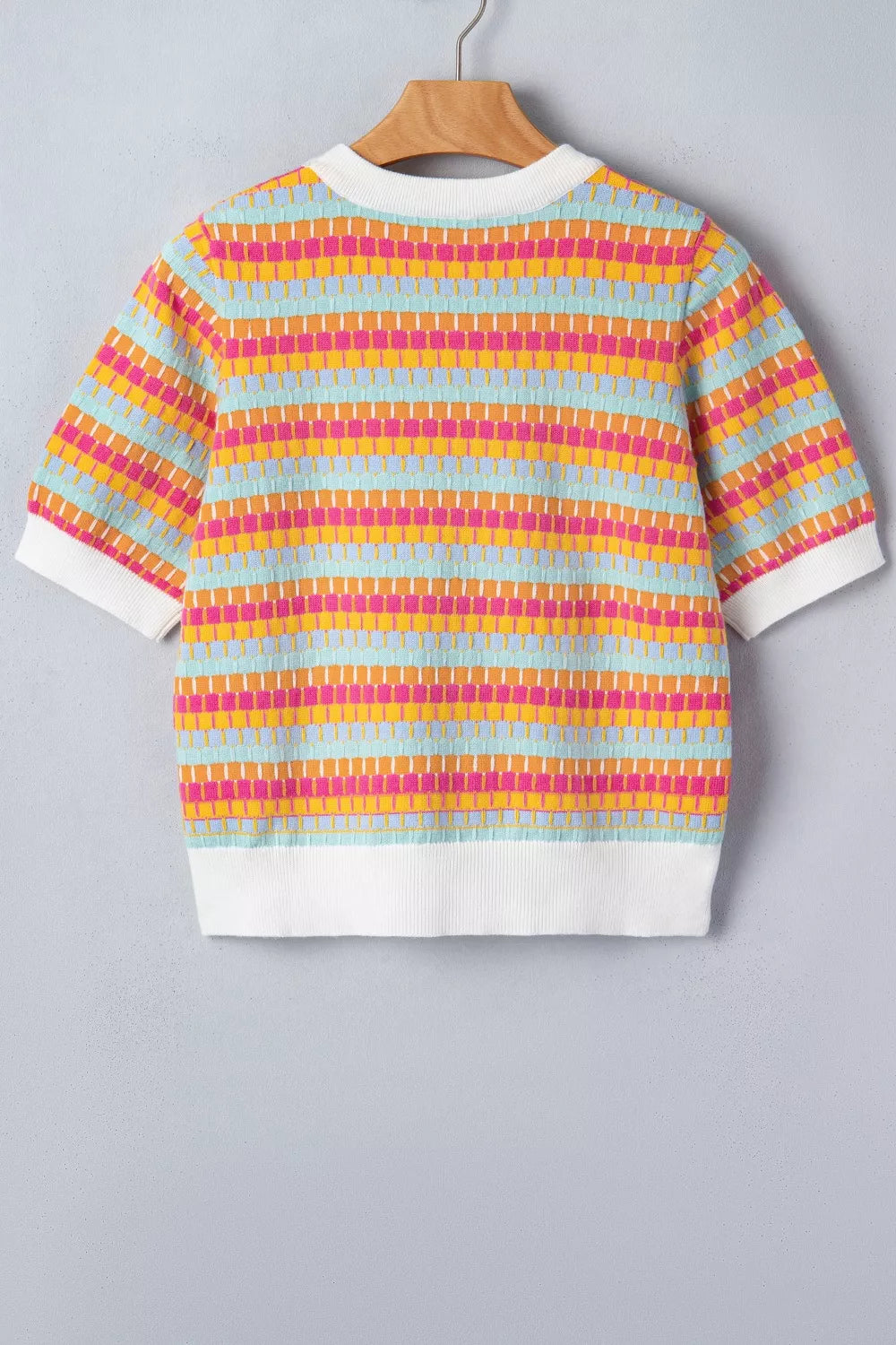 Abstract Striped Knit Short Sleeve Sweater