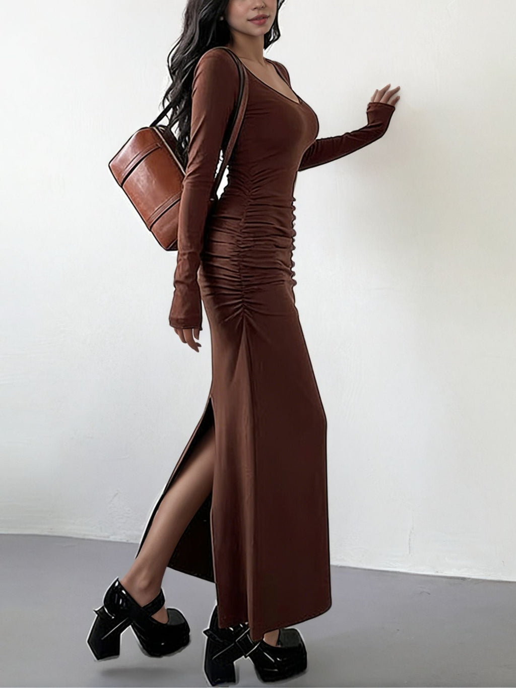 Slit Long Sleeve Bodycon Maxi Dress