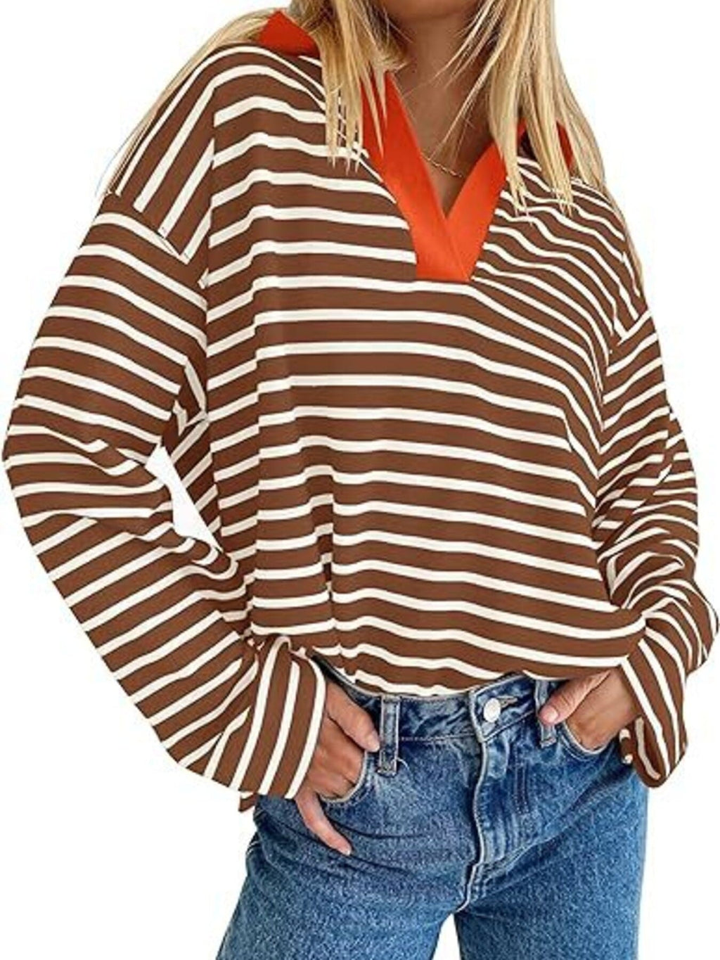 Striped Contrast Collar Long Sleeve Top