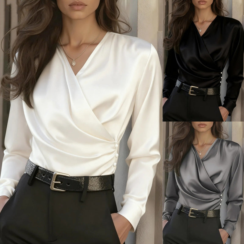 Women's Elegant Cross V-Neck Blouse, Ruffle Detail Button Accent Office Shirt