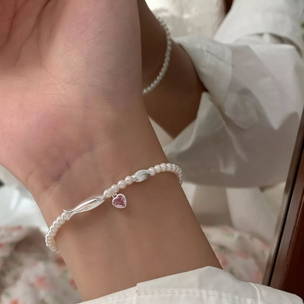 Pearl Fish Bracelet with Heart Charm