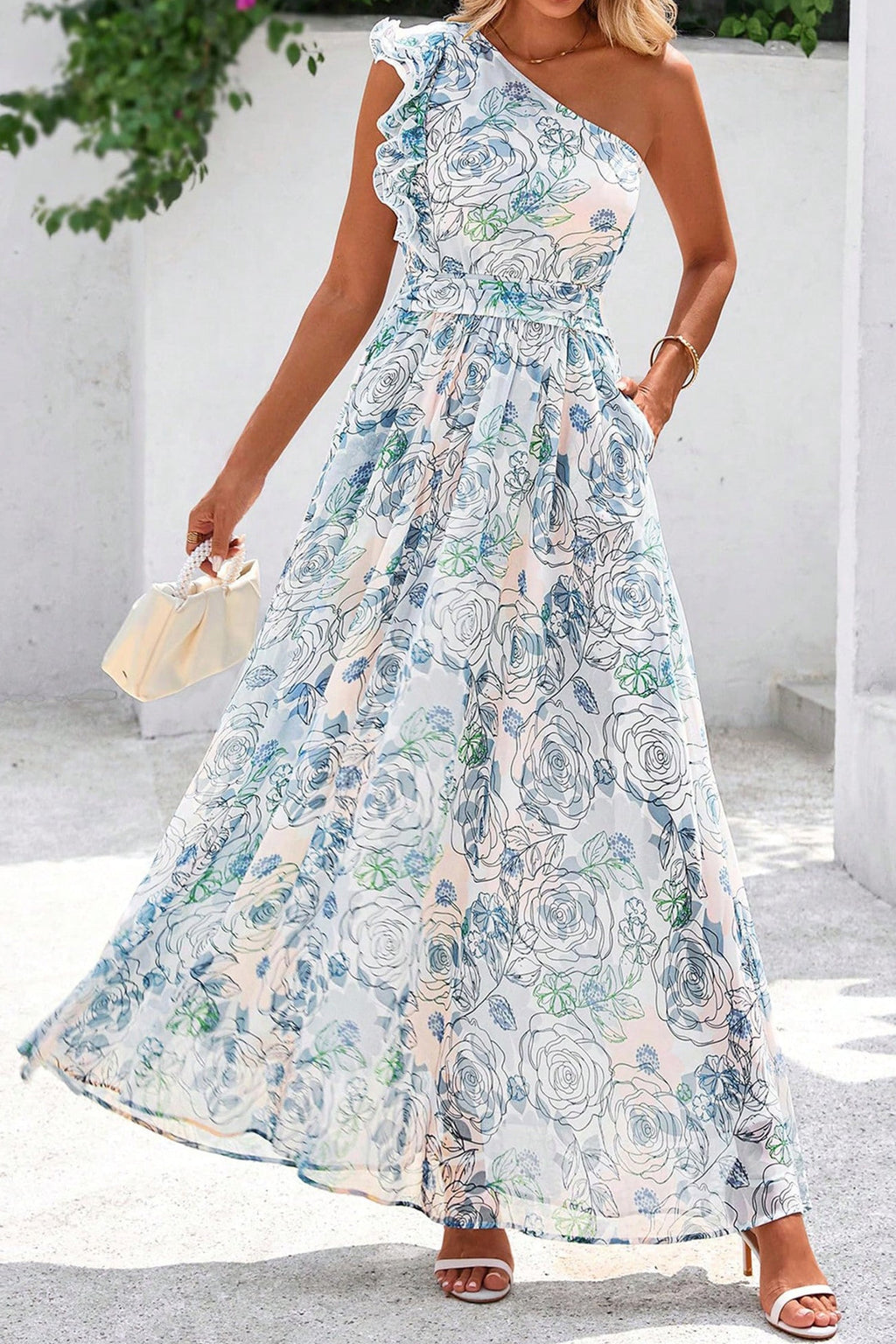 Floral Ruffle One Shoulder Maxi Dress