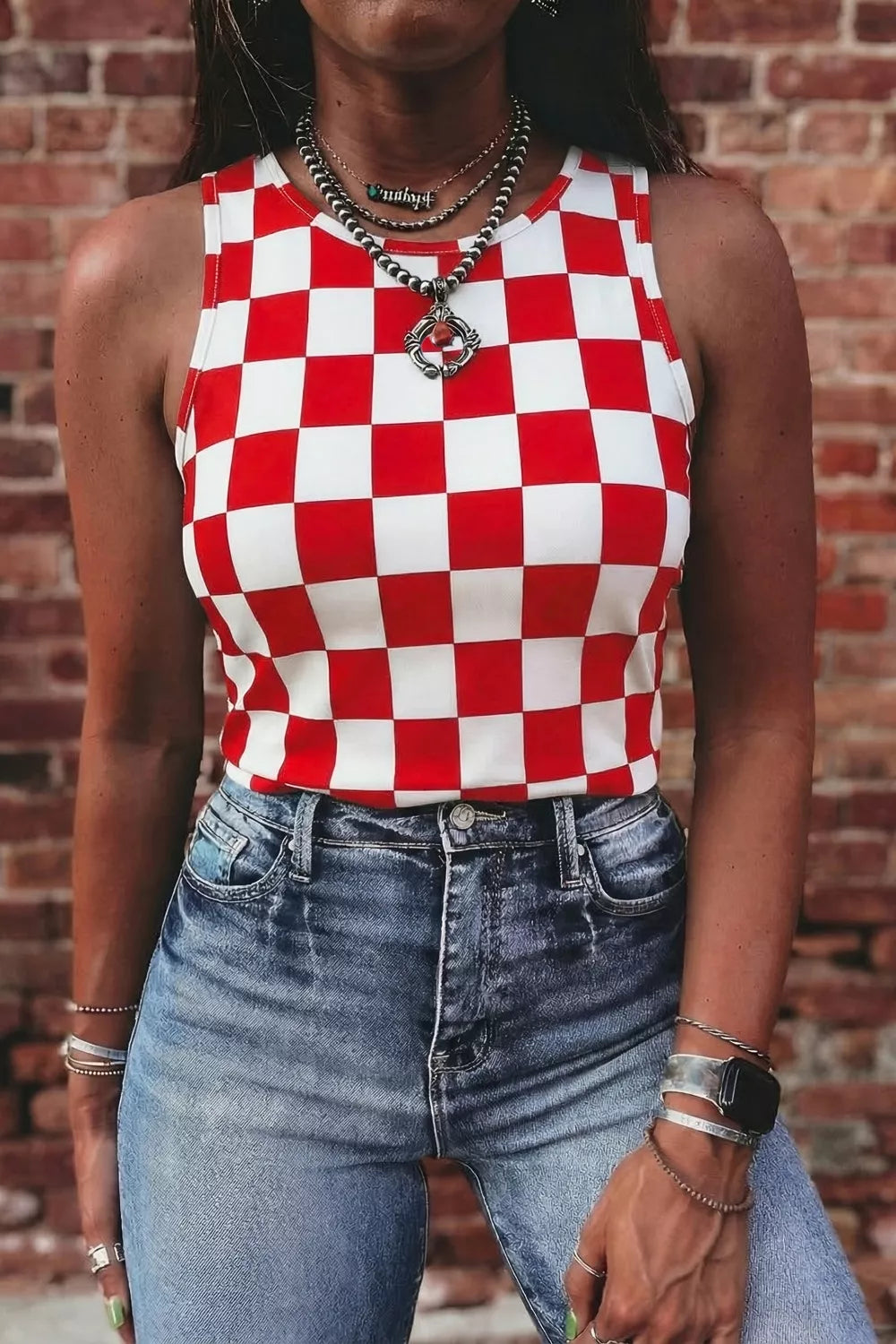 Checkered Print Round Neck Tank