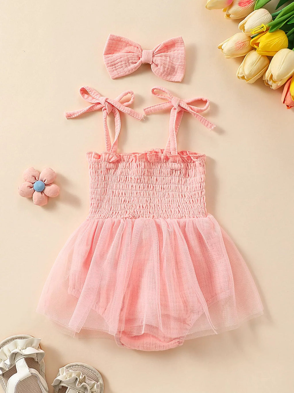 Children's Smocked Tie Shoulder Bodysuit & Headband Set