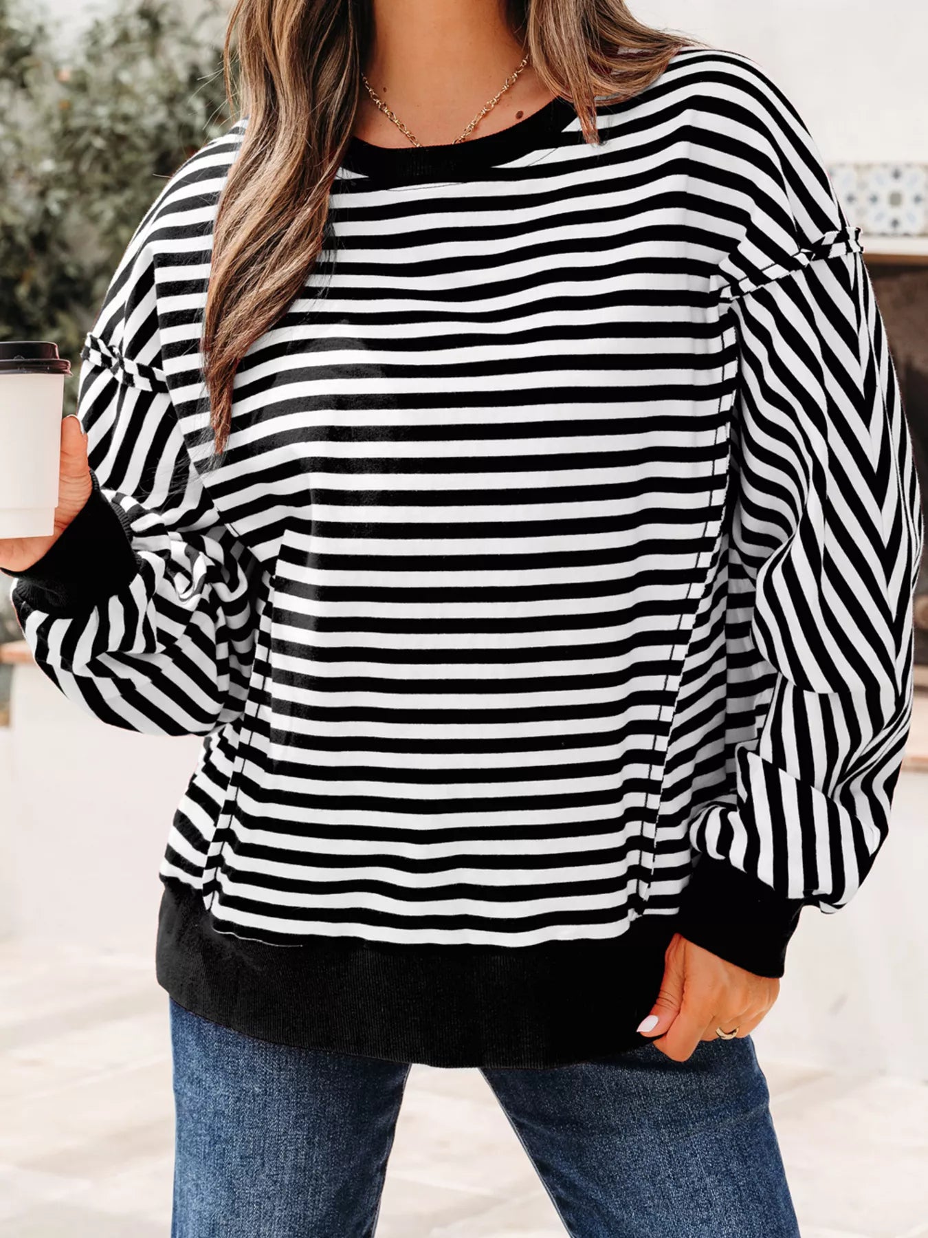 Stripe Exposed Seam Drop Shoulder Casual Pullover Top