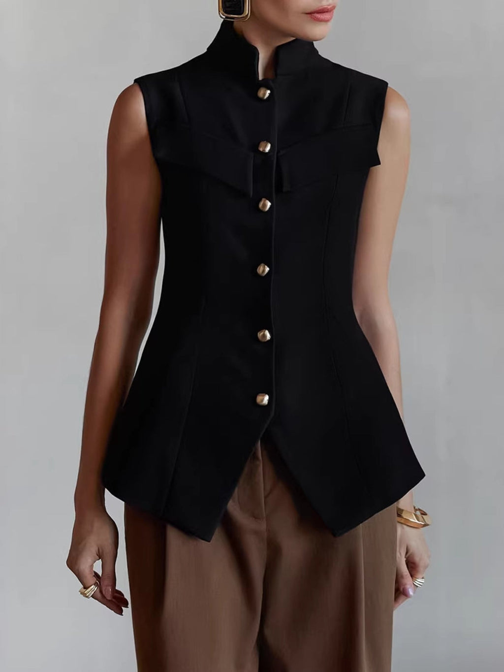 Stand Collar Button-Down Vest Coat