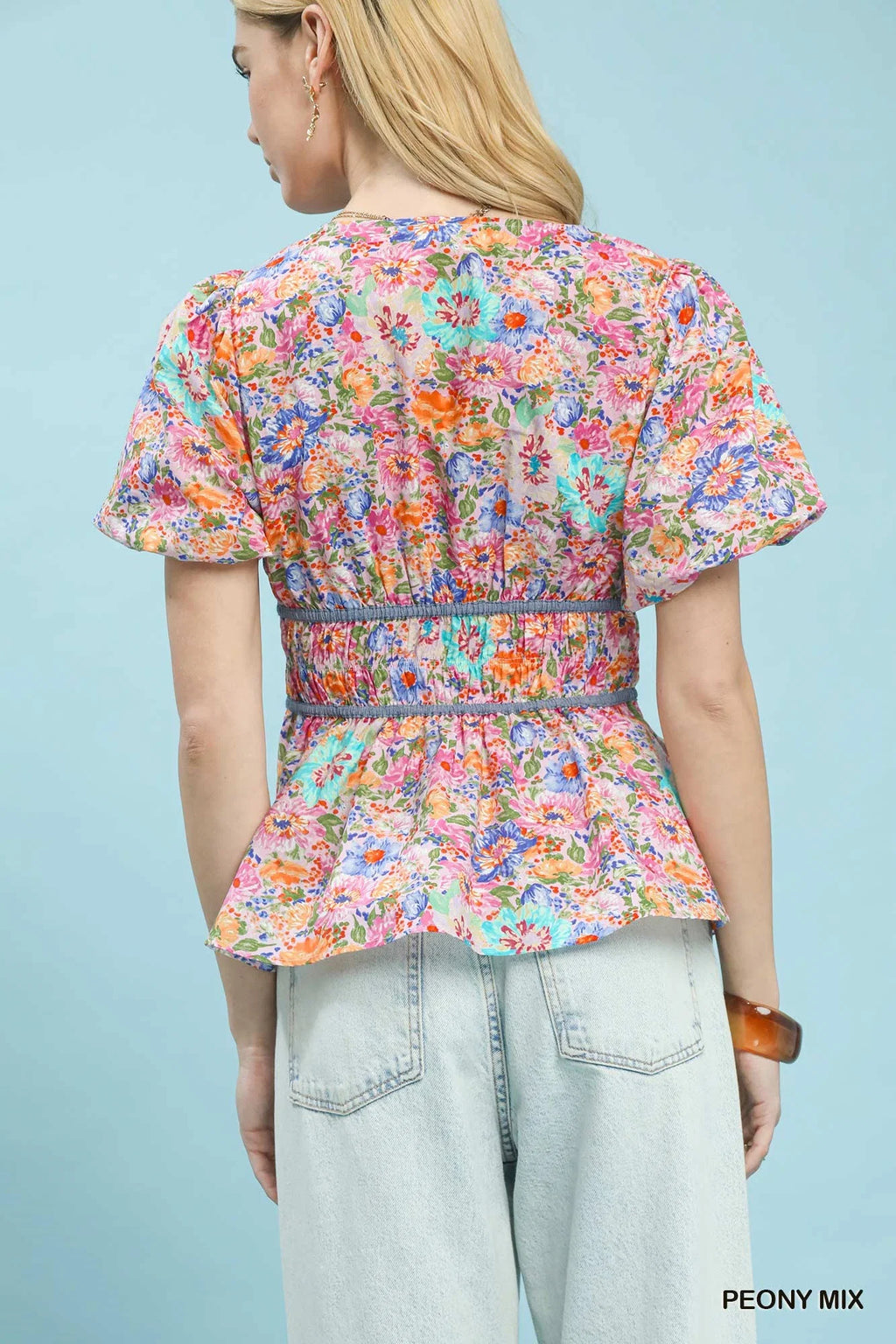 Umgee Mix Floral Smocked Waist Blouse