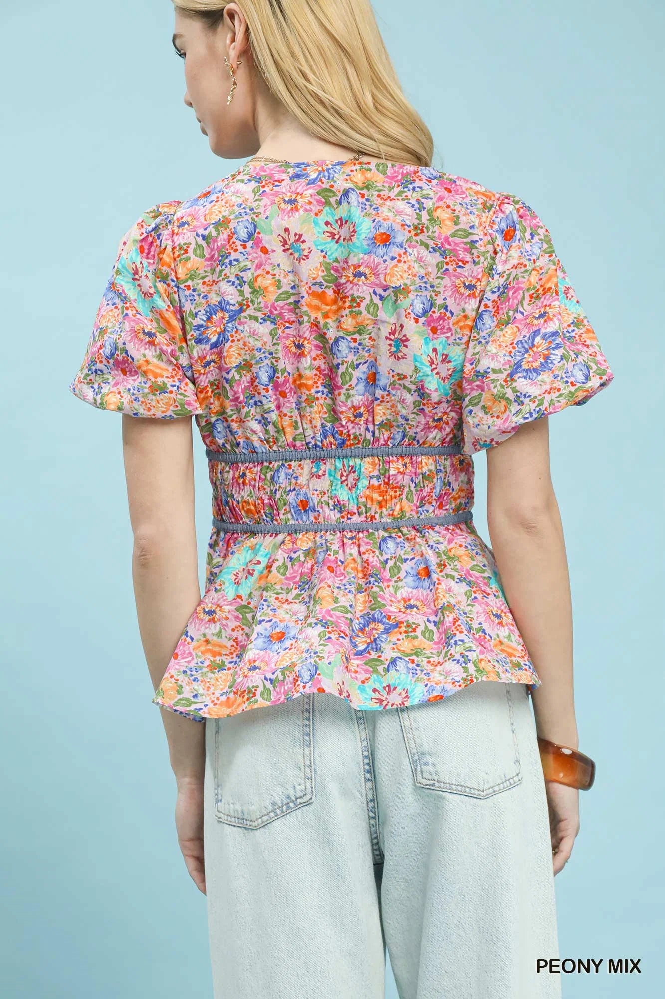 Umgee Mix Floral Smocked Waist Blouse