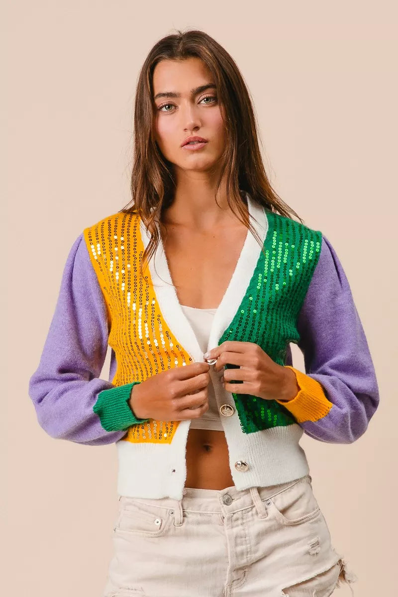 BiBi Mardi Gras Color Block Sequin Sweater Cardigan