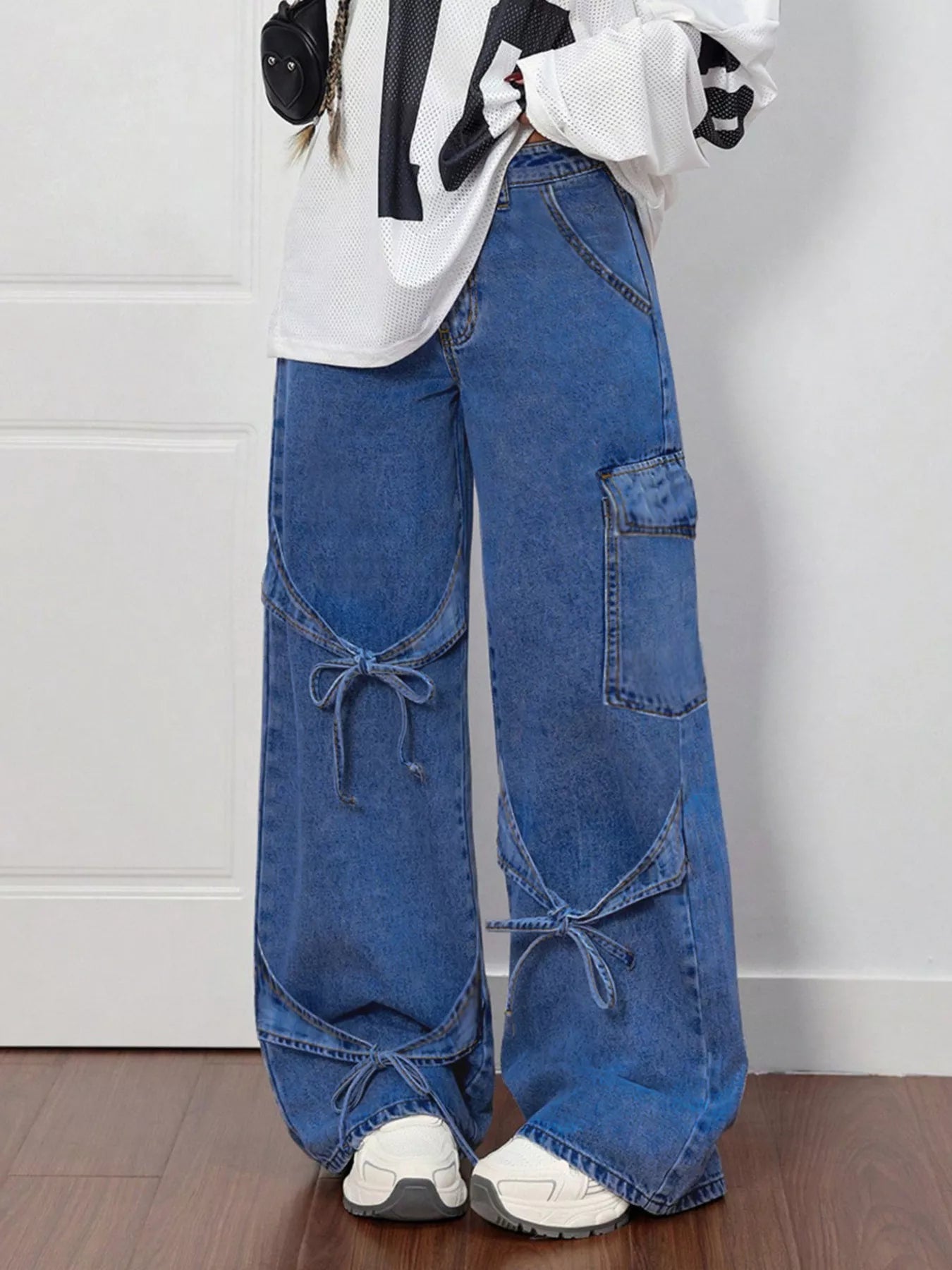 Wide Leg Jeans with Bow Tie Accents