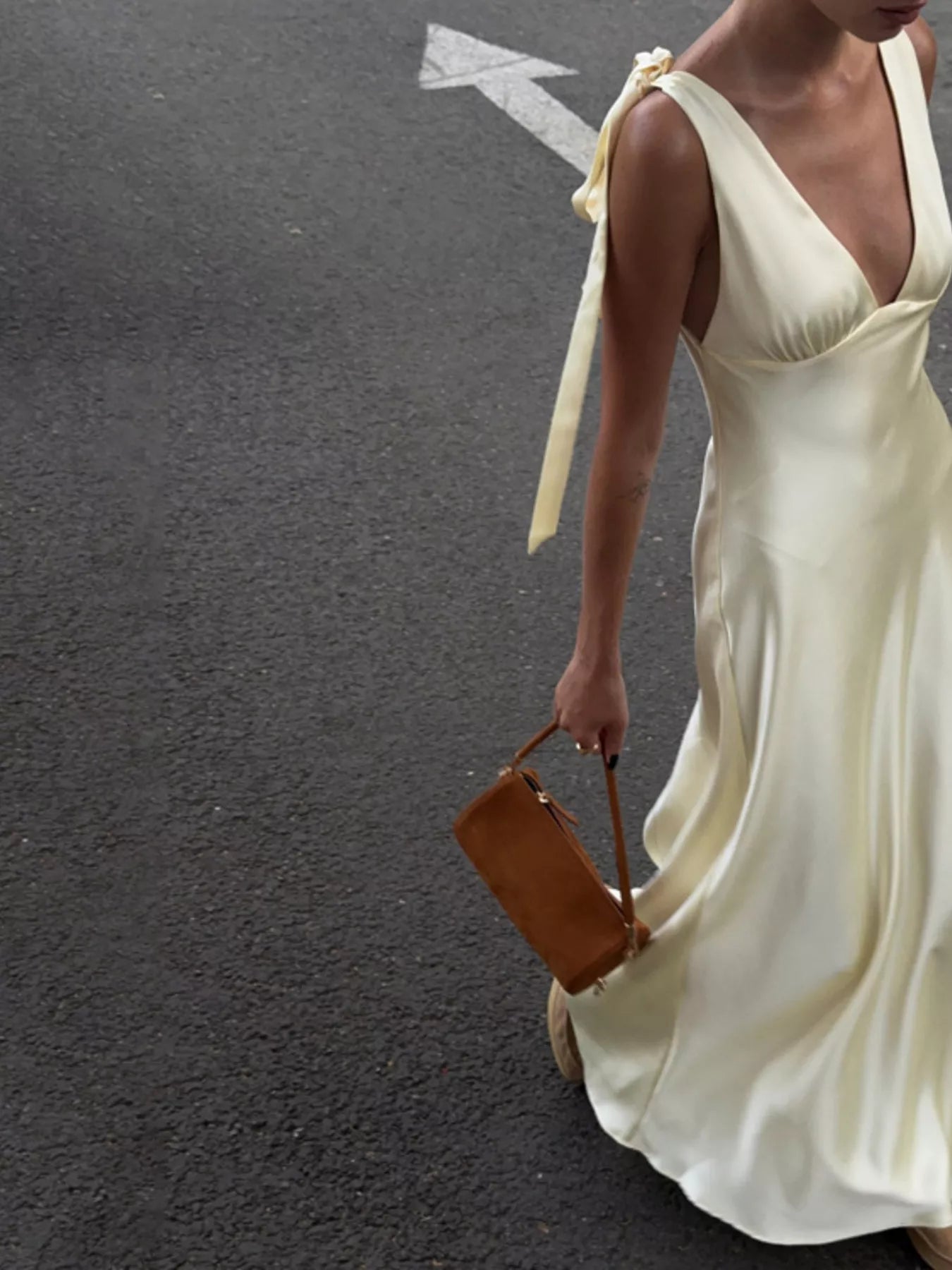 Satin Tie Shoulder Deep V-Neck Dress