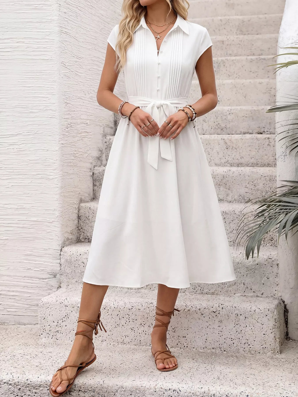 Cap Sleeve Tie Waist Midi Dress